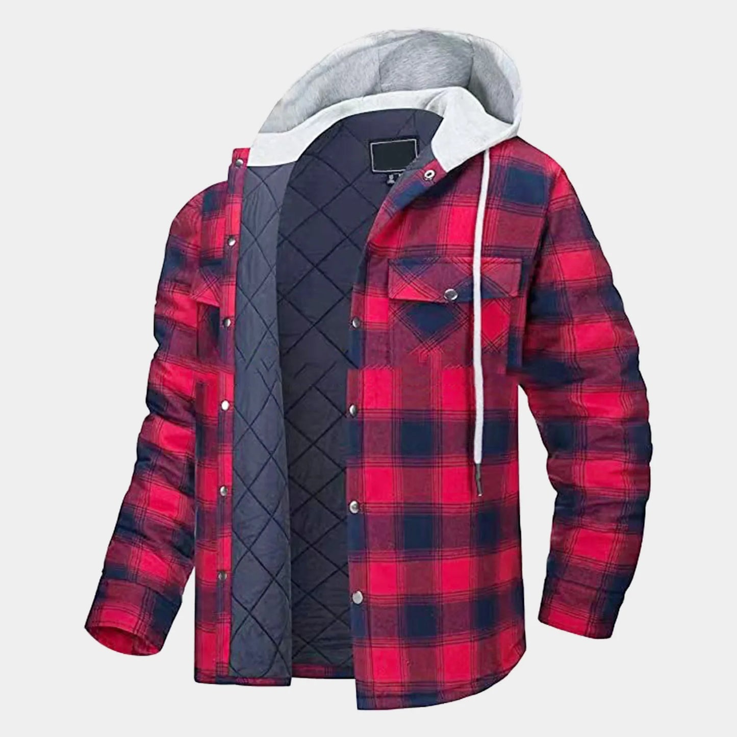 Men'S Flannel Shirt Jacket Plaid Quilted Lined Drawstring Winter Casual Coats Thick Hoodie Outwear Man Fleece Shirts Jacket
