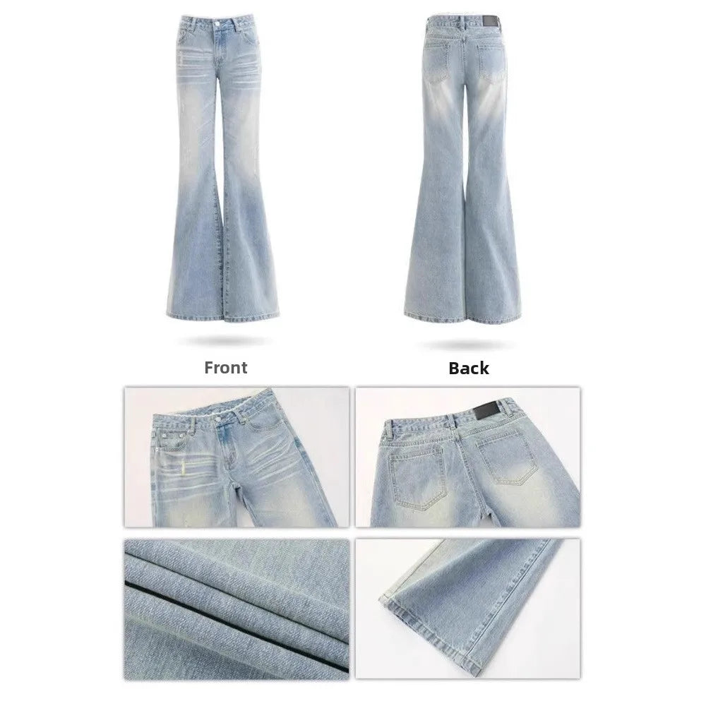 Low Waist Bell Bottom Jeans Women's Light Blue Washed Lace Splicing Design Spring Summer New Style Slimming Versatile Denim J...