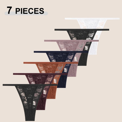7Pcs/Set Women's Sexy Lace Transparents G-Strings Underwear Summer Solid Color Lace Floral Thongs Female Low Waist Sexy Lingerie