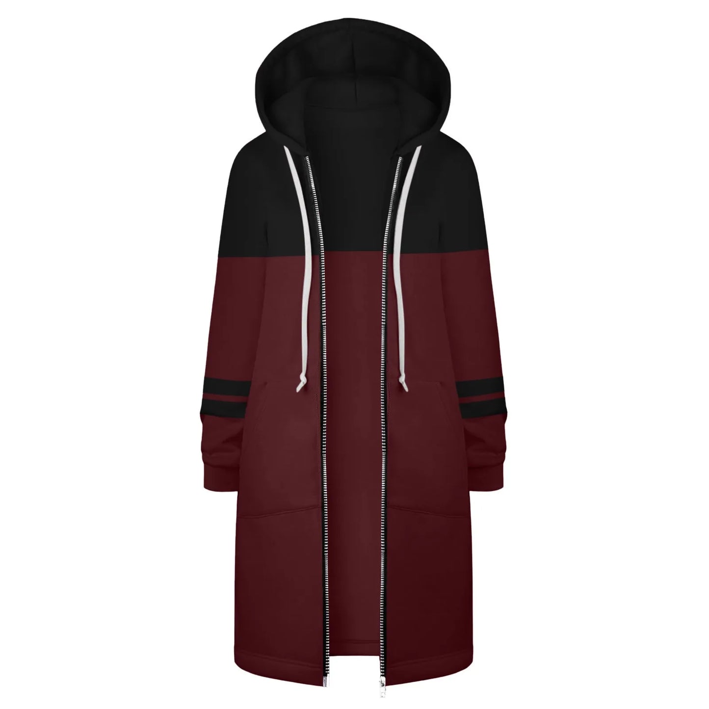 Women's Warm Zipper Long Outwears Solid Color Loose Fit Drawstring Sweatshirt Coat for Women