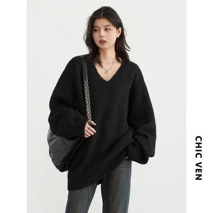 CHIC VEN Women Sweaters Solid Loose Pullovers New V-neck Knitwear Knitted Jumpers Female Top Fashion Woman Autumn Winter 2024