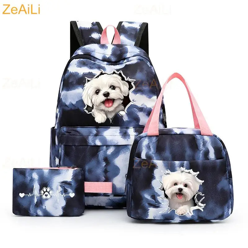 3pcs White Puppy Maltese Dog Colorful Backpack with Lunch Bag for Women Student Teenagers Rucksack Casual School Bags Sets