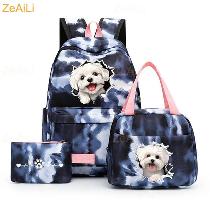 3pcs White Puppy Maltese Dog Colorful Backpack with Lunch Bag for Women Student Teenagers Rucksack Casual School Bags Sets