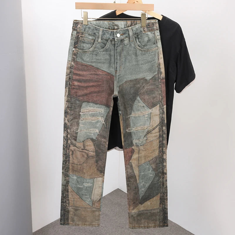 Printed Patchwork Jeans 2026 Spring New Fashion Streetwear Y2k Pants Casual Loose Vintage Hip Hop Denim Trousers Male