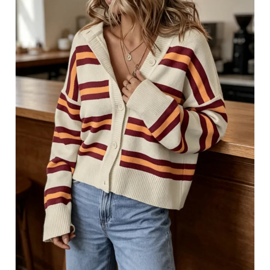 Womens Long Sleeve Cropped Striped Chunky Knit Cardigans Sweaters Long Sleeve Lightweight Open Front Button Tops Outfits