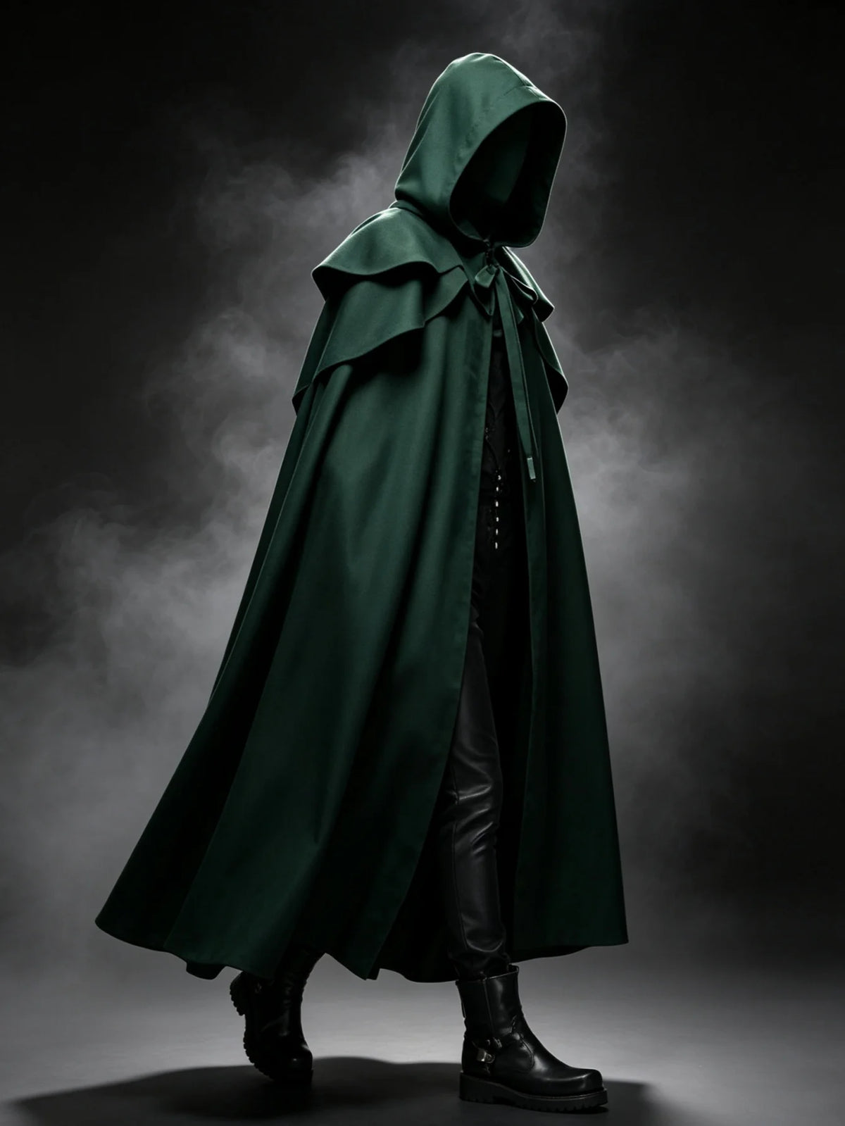 Medieval Vintage Hooded Long Cos Cloak, Dark Green Double Lapel Tie Cape, Unisex Ranger Hunter Wizard Role Play Costume, Retro Gothic Cosplay Coat