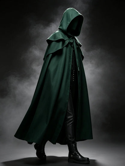 Medieval Vintage Hooded Long Cos Cloak, Dark Green Double Lapel Tie Cape, Unisex Ranger Hunter Wizard Role Play Costume, Retro Gothic Cosplay Coat