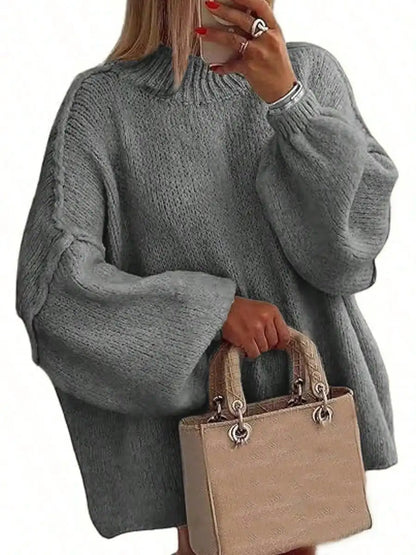 Women's Oversized Pullover Sweaters  Fall Winter Mock Neck Lantern Sleeve Crochet Casual Knitted Jumper Tops Solid Color Loose Blouse