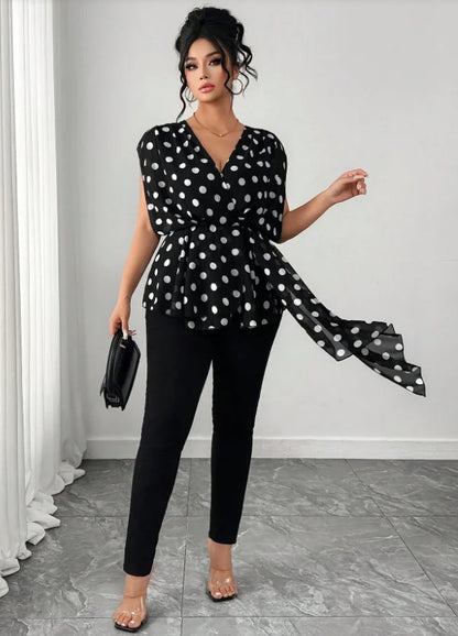 Plus Size Women's Black and White Polka Dot Peplum Shirt Top, Chiffon Sleeveless V-Neck Wrap Irregular Blouse with Drape Ties,