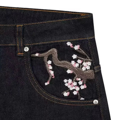 Y2K Vintage Low Waist Hip Hop Cherry Blossom Embroidered Jeans Wide Leg Trousers Clothes Men's Embroidered Baggy Jeans