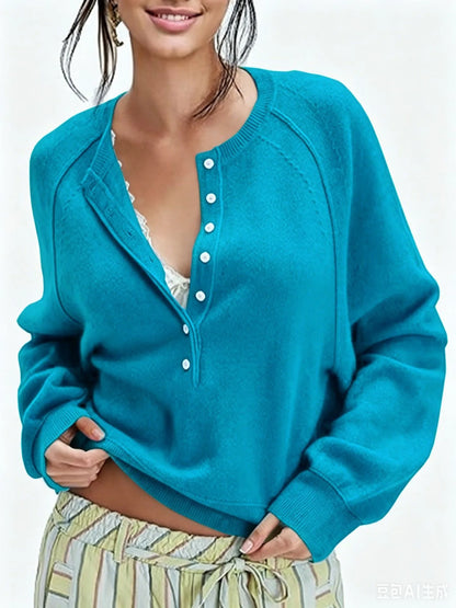 Women's Long-Sleeve Knitted Sweater, Half-Button Design, Henley Collar, Casual Style, lightweight Material, Solid Color Pullover Knitwear.