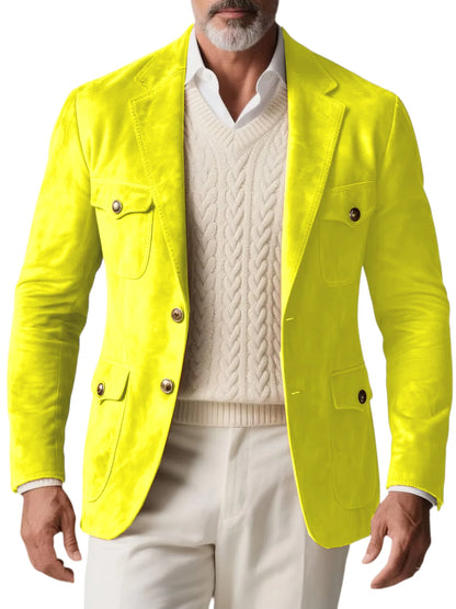 1970s Men's Suede Blazer Retro Slim Fit Two Buttons Multi Pocket High Quality Jacket Fashion Casual Sport Coat For Daily Wear