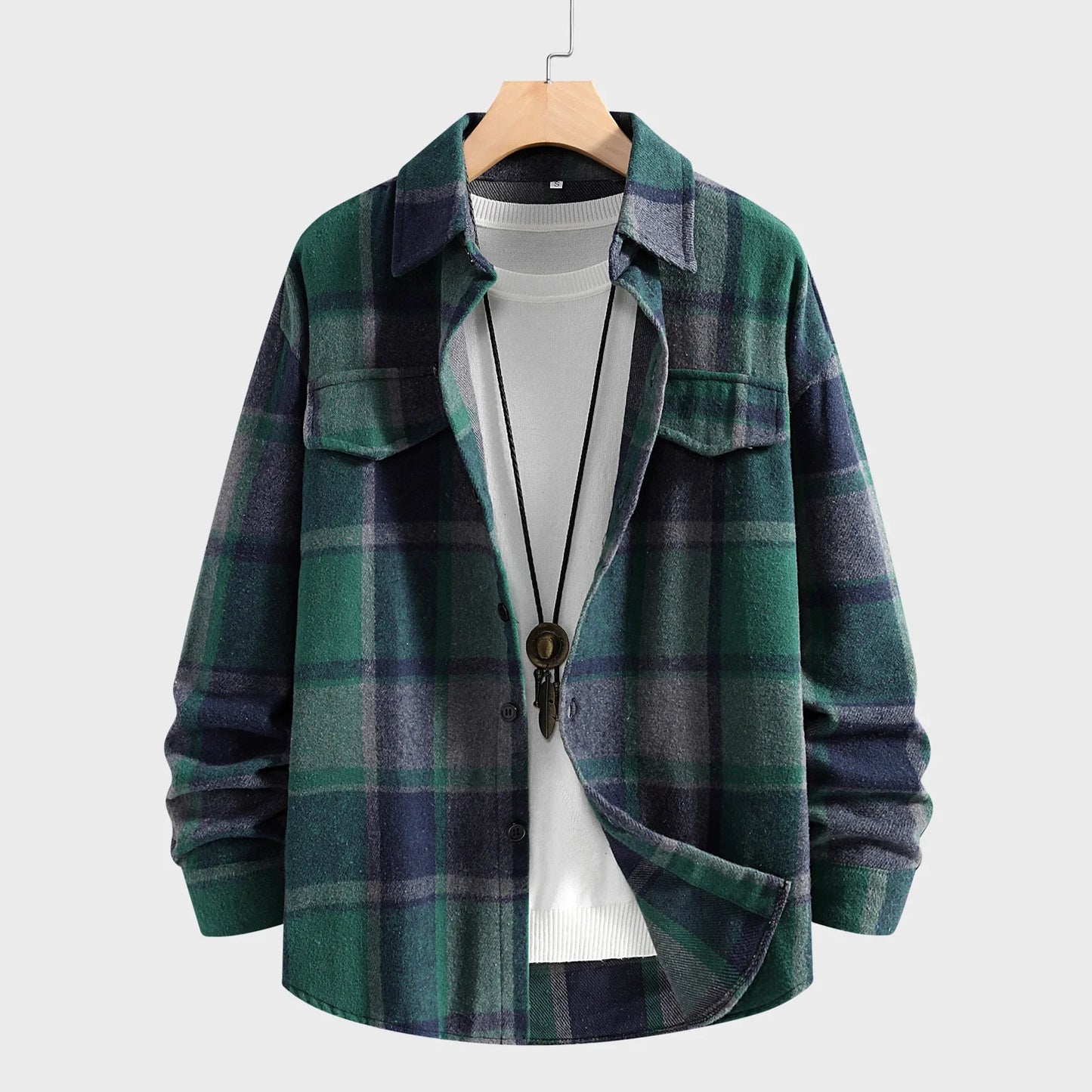 Men's Casual Plaid Shirt Jacket Autumn Winter New Style Flannel Outerwear Loose Fit Male