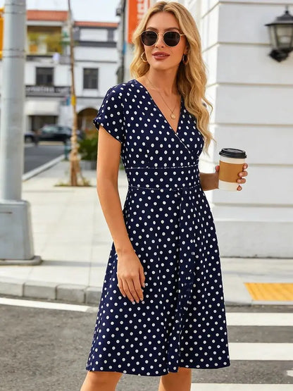 Women's V-Neck Wrap Dress with Pockets, Short Sleeve Polka Dot Casual Summer Dress