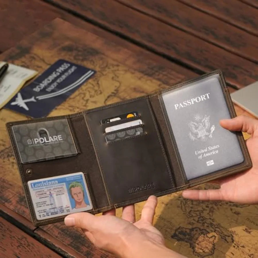 Polare Full Grain Leather Pilot Wallet Passport Holder RFID Blocking Tri-fold Travel Cover Document Organizer for Aviation Prof