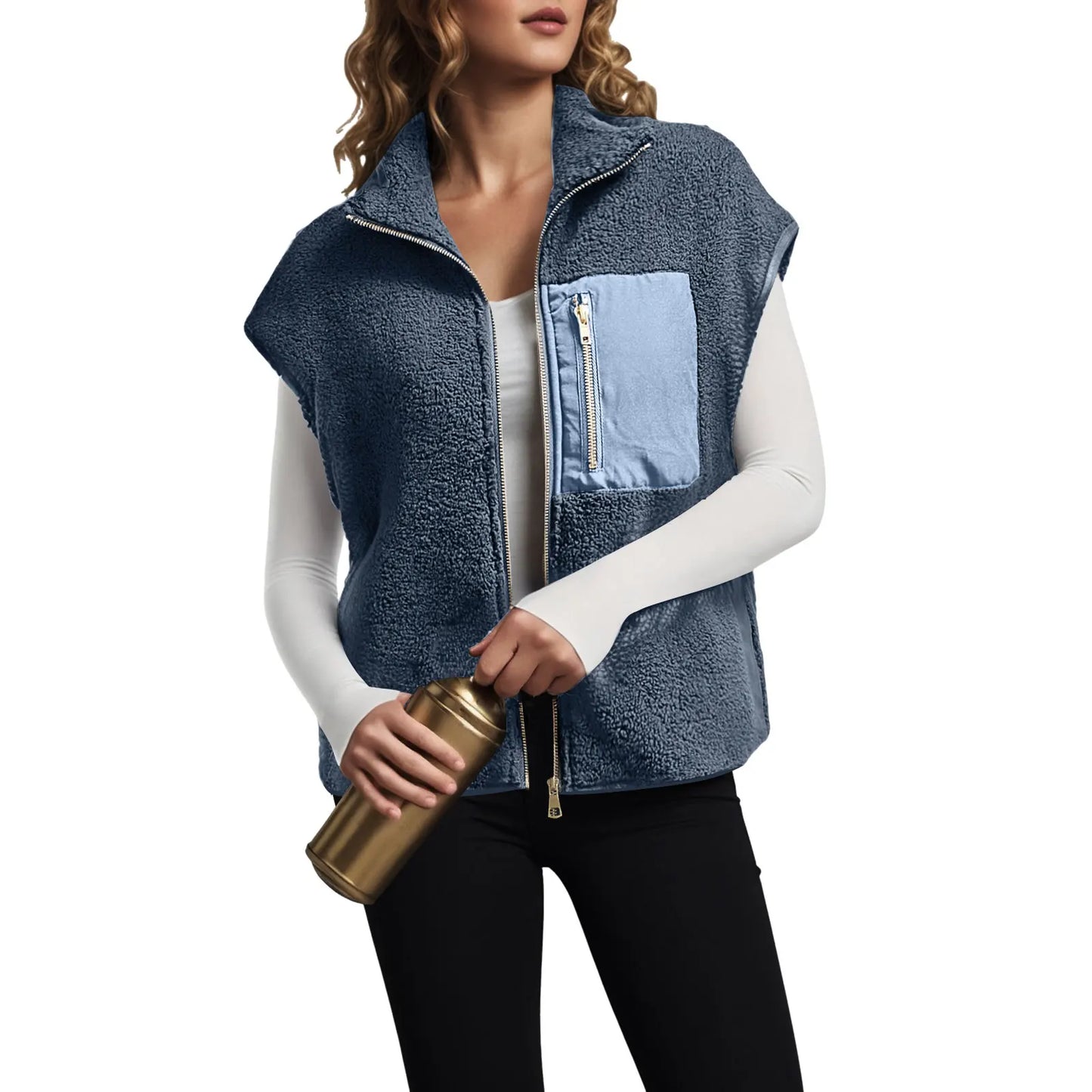 Women's Fleece Vests Sleeveless Jackets Casual Warm Cardigan Sweatshirts With Front Zipper Pockets Stand Collar Simple Outerwear
