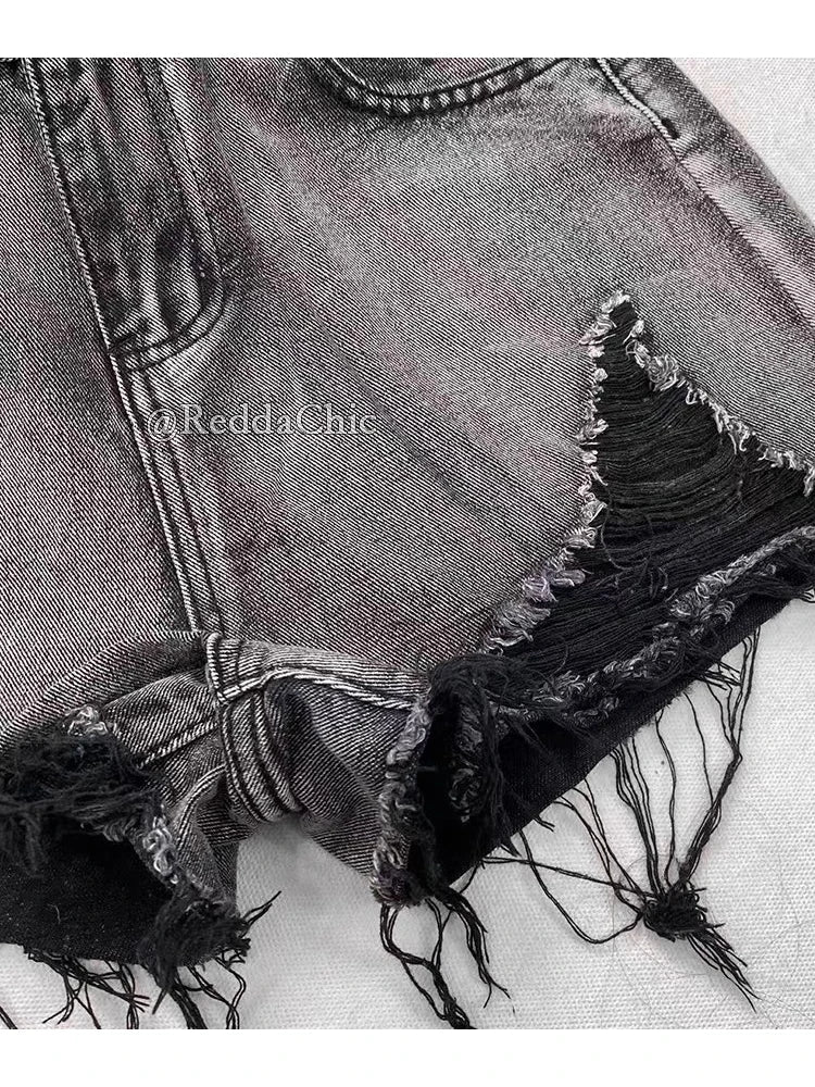 REDDACHiC 2000s Distressed Women Denim Shorts Destroyed Black Frayed High Waist Short Pants Trendy Summer Punk Grunge Streetwear