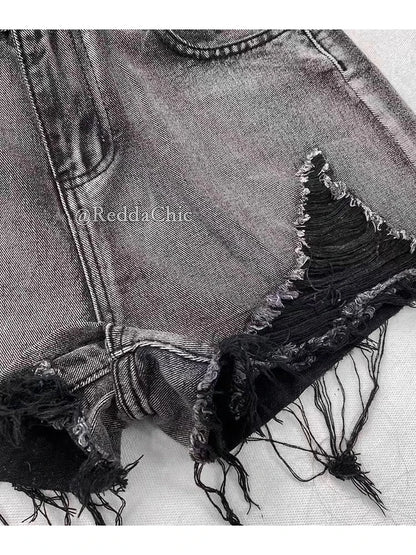 REDDACHiC 2000s Distressed Women Denim Shorts Destroyed Black Frayed High Waist Short Pants Trendy Summer Punk Grunge Streetwear
