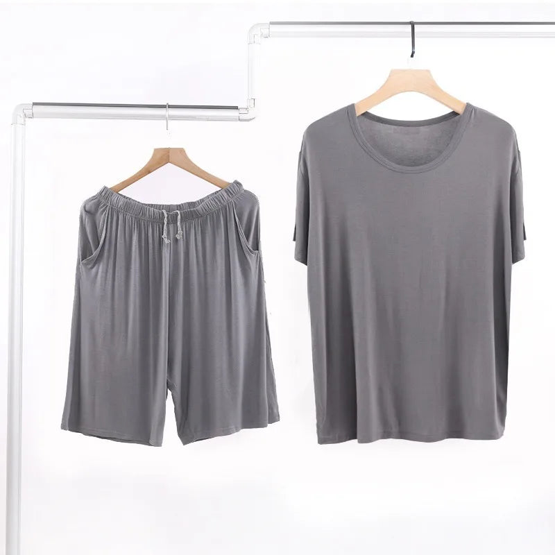 Summer Men's Modal Short Sleeve Shorts Set V-Neck Loose Fit Comfortable Sleepwear Home Clothes Mid-aged And Elderly Suitable