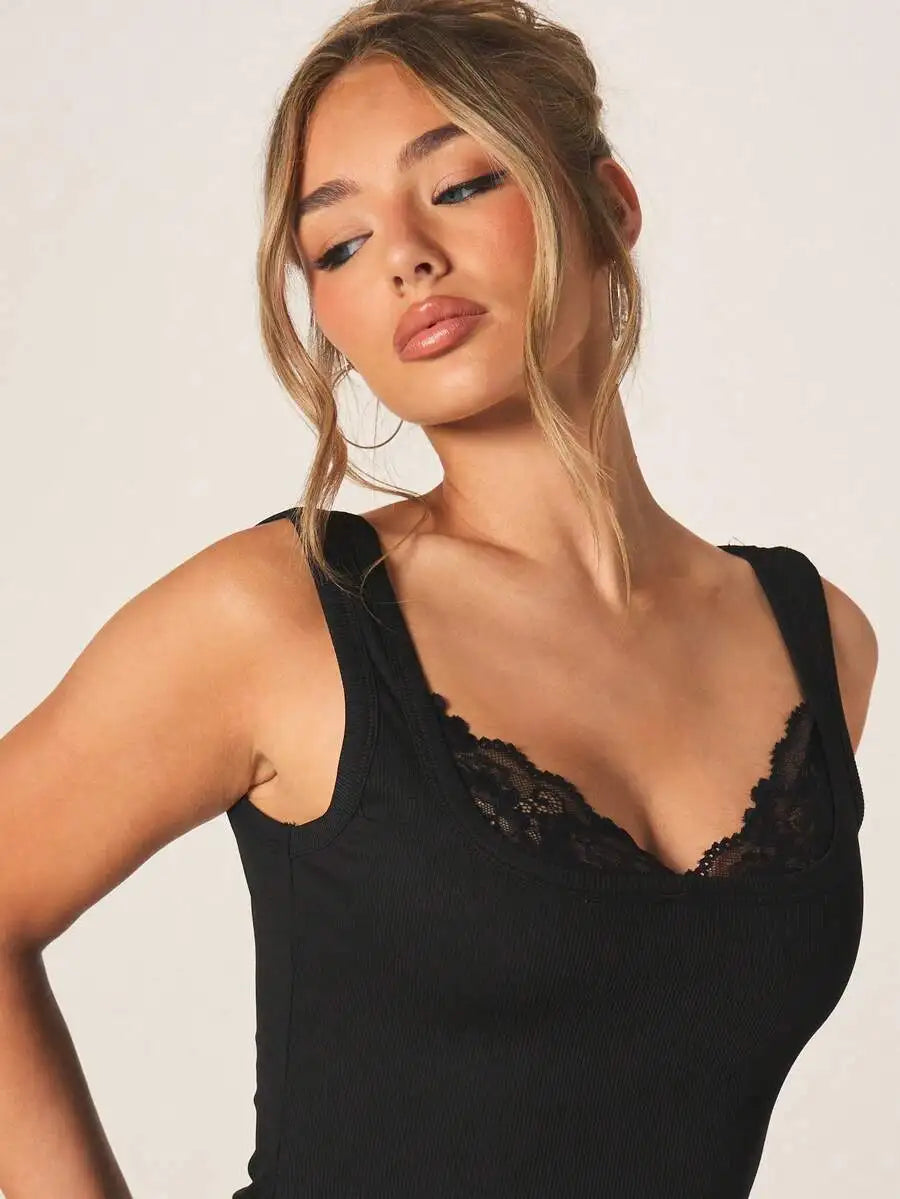 Ribbed Lace Trim Tank Top With Sweetheart Neckline For Layering Casual Summer