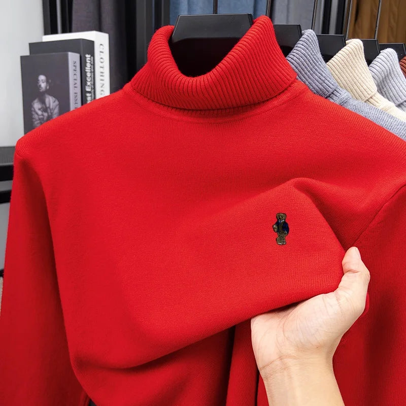 High-End Man Spring Long-Sleeved Knitwear Bear Print High Neck Hot Pullover Versatile Trend Leisure Warm Sweater Men's Clothing