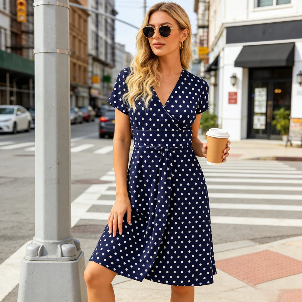 Women's V-Neck Wrap Dress with Pockets, Short Sleeve Polka Dot Casual Summer Dress