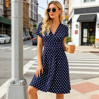 Women's V-Neck Wrap Dress with Pockets, Short Sleeve Polka Dot Casual Summer Dress