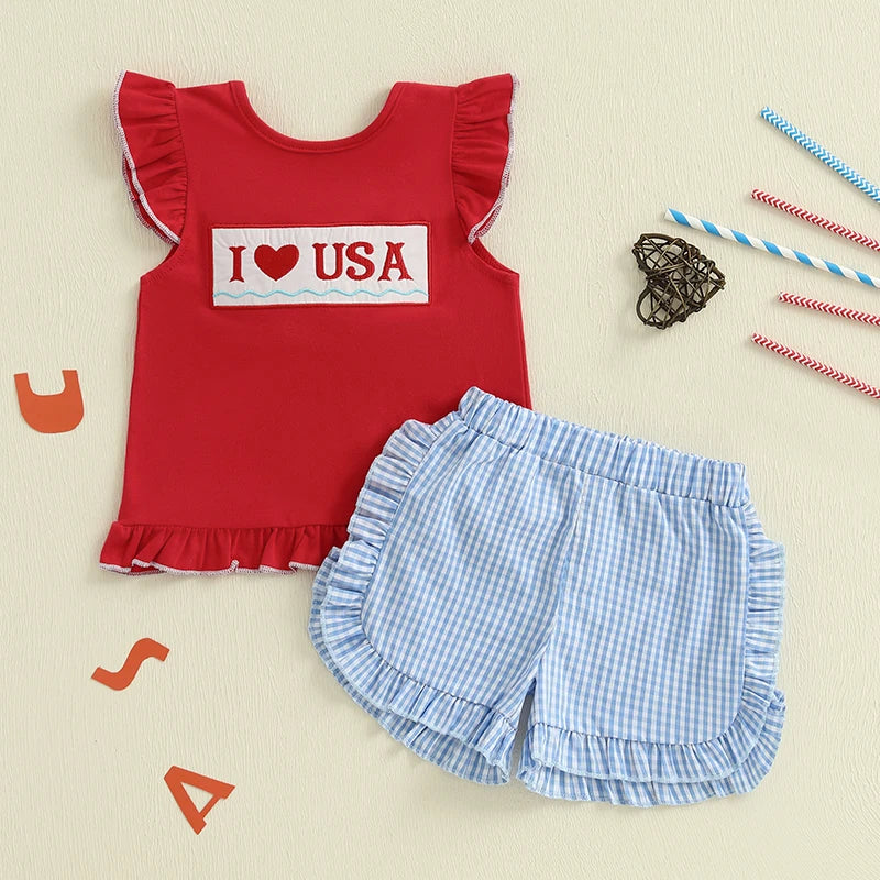 Infant Girl s Patriotic Outfit Red White Blue American Flag Heart Embroidered Flutter Sleeve Top Plaid Ruffle Shorts Set for