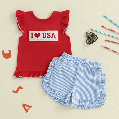 Infant Girl s Patriotic Outfit Red White Blue American Flag Heart Embroidered Flutter Sleeve Top Plaid Ruffle Shorts Set for