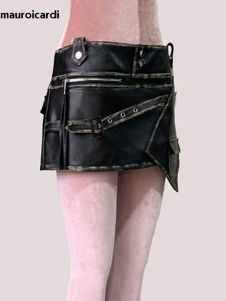 Mauroicardi Summer Distressed Black Pu Leather Mini Asymmetrical Skirts for Woman High Waist Short Emo Clothes New Arrivals 2025