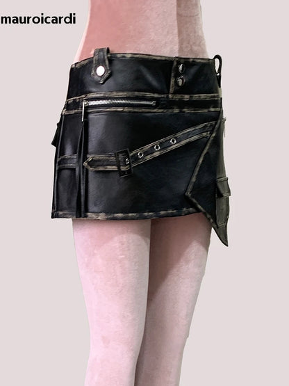 Mauroicardi Summer Distressed Black Pu Leather Mini Asymmetrical Skirts for Woman High Waist Short Emo Clothes New Arrivals 2025