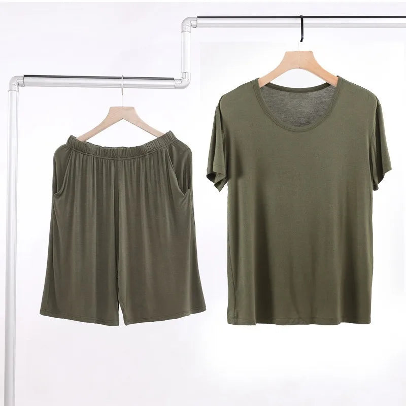 Summer Men's Modal Short Sleeve Shorts Set V-Neck Loose Fit Comfortable Sleepwear Home Clothes Mid-aged And Elderly Suitable