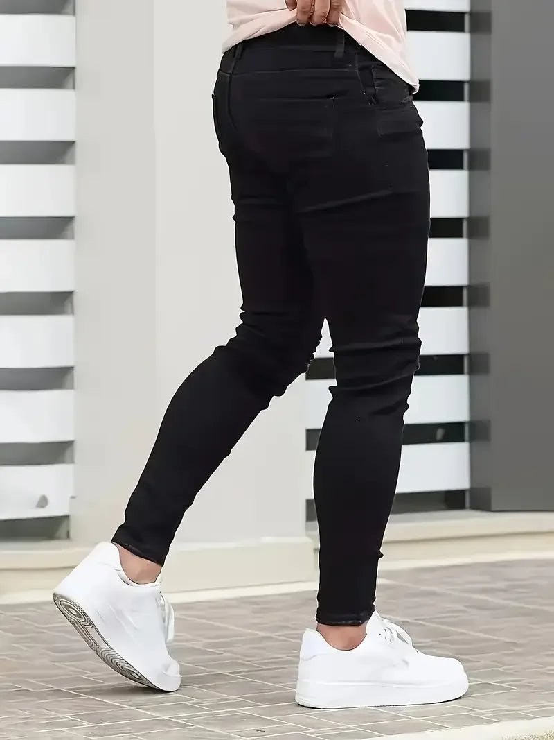 Men's Slim-Fit Ripped Jeans - Stylish Black Distressed Denim with Raw Hem,