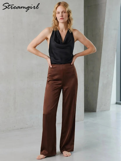 Streamgirl Summer Satin Pants For Women Wide Leg Beige Silk Trousers Long Straight Leg Luxury Pants For Summer Women Elegant