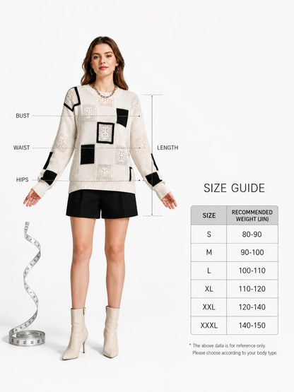 Color Block Square Patchwork Knit Sweater for Women, Hollow Cable Knit Crew Neck Long Sleeve Pullover, Loose Drop Shoulder Casual Jumper for Fall Winter