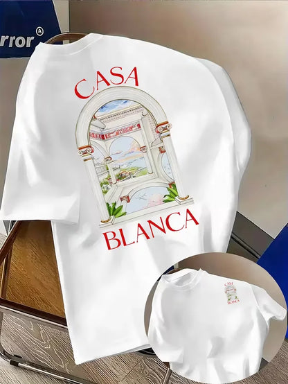 Casablanca Aesthetic Y2K Architectural Graphic Unisex Casual Round Neck Short Sleeve Summer Neutral Streetwear T Shirt