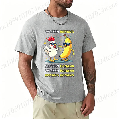 Unisex Chicken Banana Meme T Shirt Funny Cartoon Chicken Banana with Sunglasses Graphic Tee Music Short Sleeve Oversized Tops