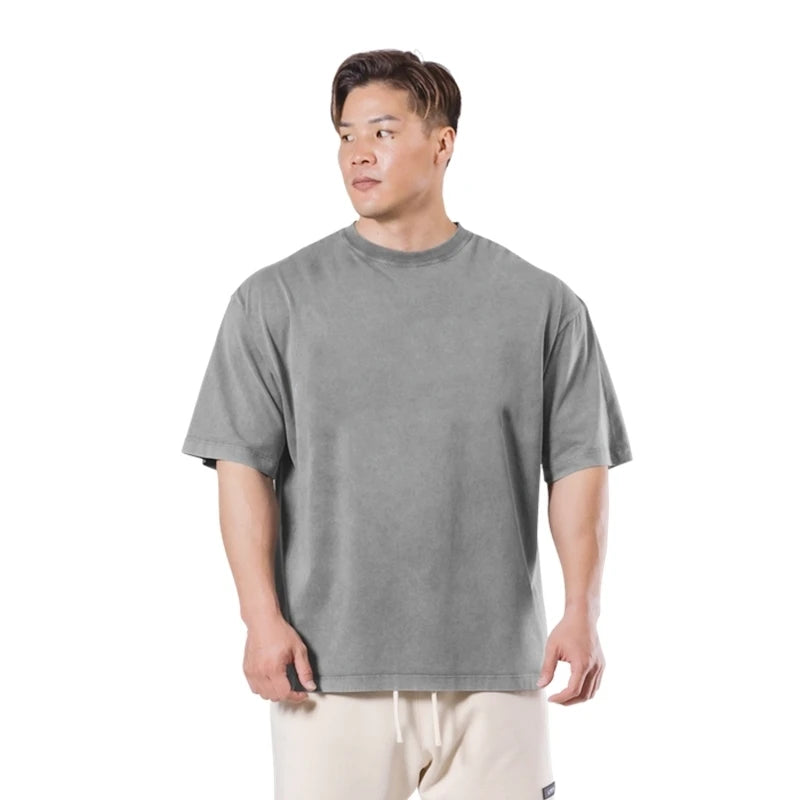Washed T-Shirt 230G 100Cotton Solid Oversized Loose Fitness Mens Tee Tops Dropped Shoulders Short Sleeve Gym Bodybuilding Shirts