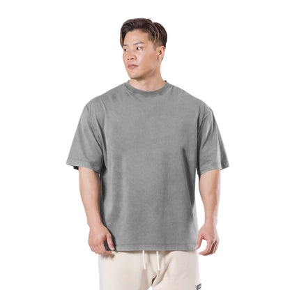 Washed T-Shirt 230G 100Cotton Solid Oversized Loose Fitness Mens Tee Tops Dropped Shoulders Short Sleeve Gym Bodybuilding Shirts