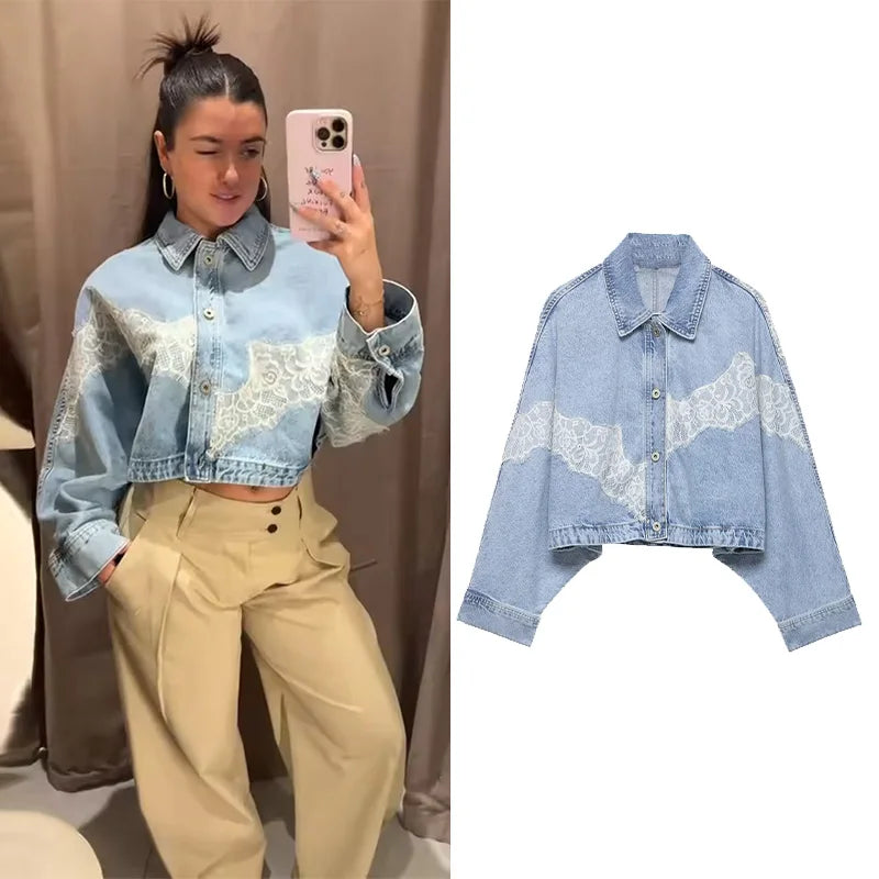 Women's Cropped Lace Denim Jacket New 2026 Spring Long Sleeve Button Female Chic Outerwears High Street Lady Chic Tops
