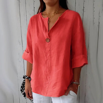 VEITCHE Spring Summer Women's Shirt Blouses Top V-neck Button Tee Shirts  3/4 Sleeve Casual Cotton Linen Top Loose Fit Pullover