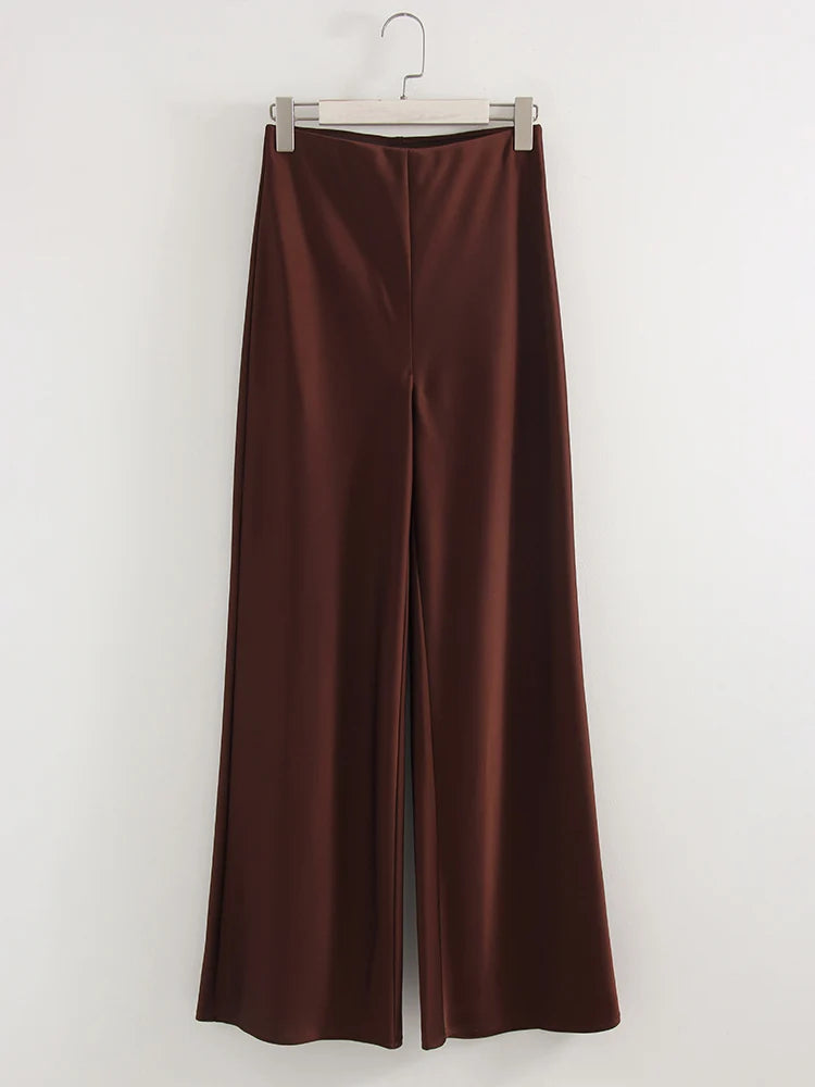 Streamgirl Summer Satin Pants For Women Wide Leg Beige Silk Trousers Long Straight Leg Luxury Pants For Summer Women Elegant