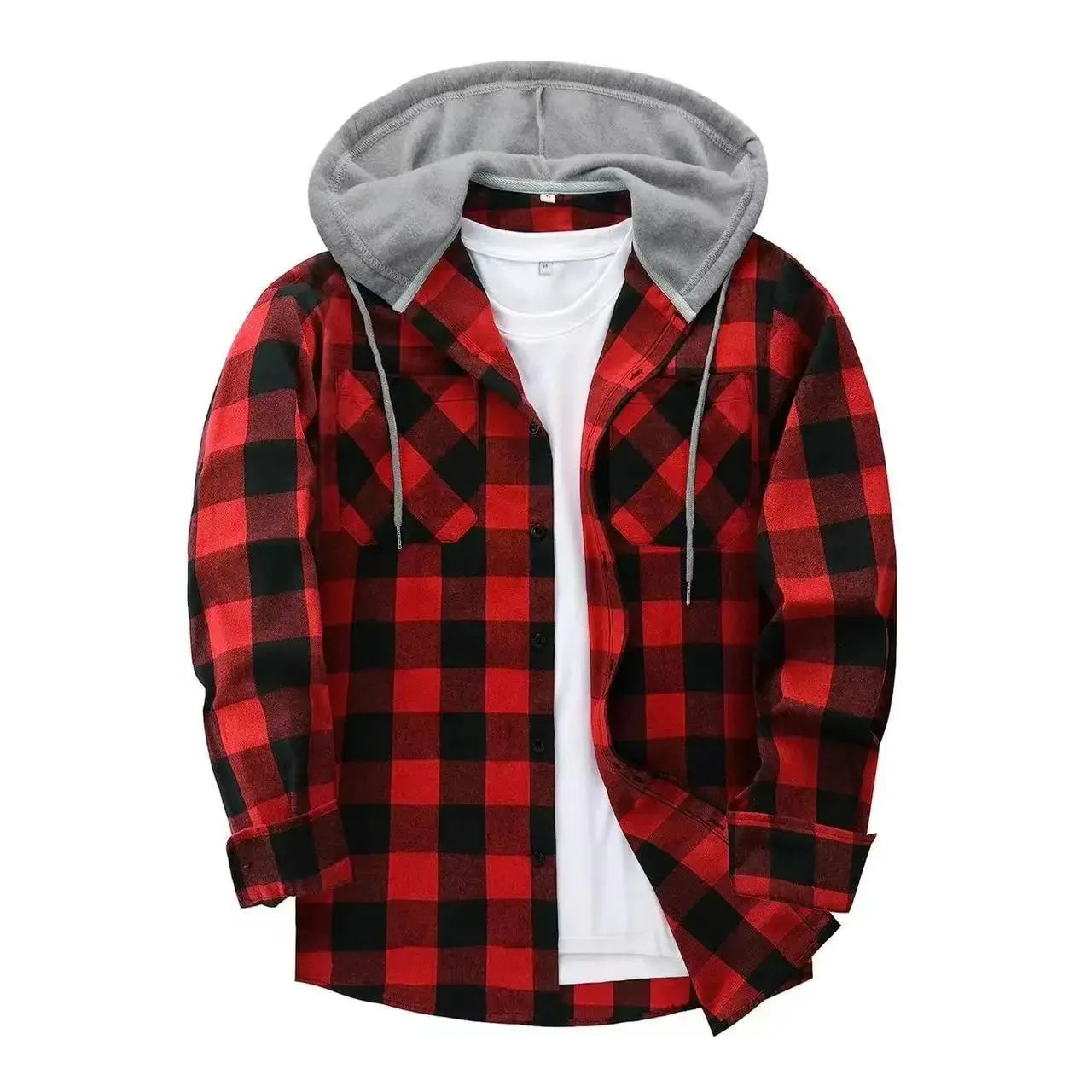 2026 Men's Flannel Shirt Jackets Classic Plaid Loose Casual Hooded Coats Double Pockets Button-up