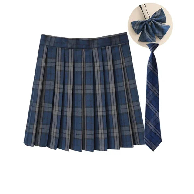 Women Summer Plaid Pleated Skirt With Necktie Bowtie Korean Jk Skirt Uniform Japanese School Preppy A Line Mini Skirts