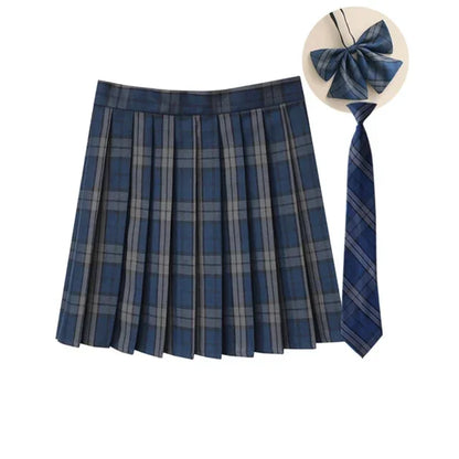 Women Summer Plaid Pleated Skirt With Necktie Bowtie Korean Jk Skirt Uniform Japanese School Preppy A Line Mini Skirts