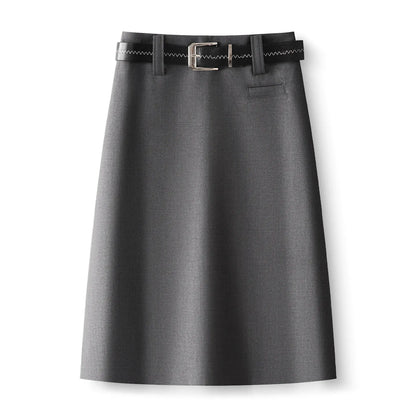 ZJYT Elegant Ladies Summer Skirts for Women 2026 New Fashion High Waist Belted Office Work Knee Length Skirt Female Faldas Grey