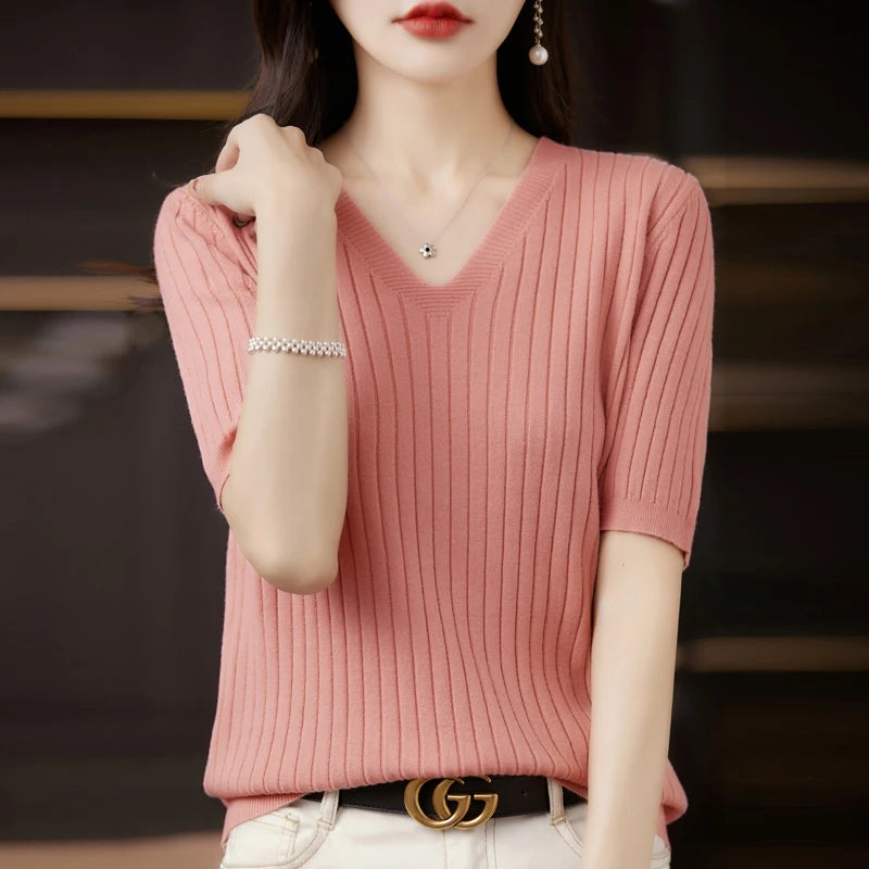 Women's Sweater Spring Summer Short Sleeve V-neck Knit Shirt Casual Pullovers Stripe Bottoming Shirt Slim Fit Jumpers