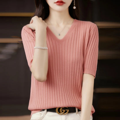 Women's Sweater Spring Summer Short Sleeve V-neck Knit Shirt Casual Pullovers Stripe Bottoming Shirt Slim Fit Jumpers