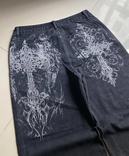 Streetwear New Casual Joker Geometric Print Baggy Jeans Female Y2K Gothic Hip Hop Popular Straight Wide-leg Trousers