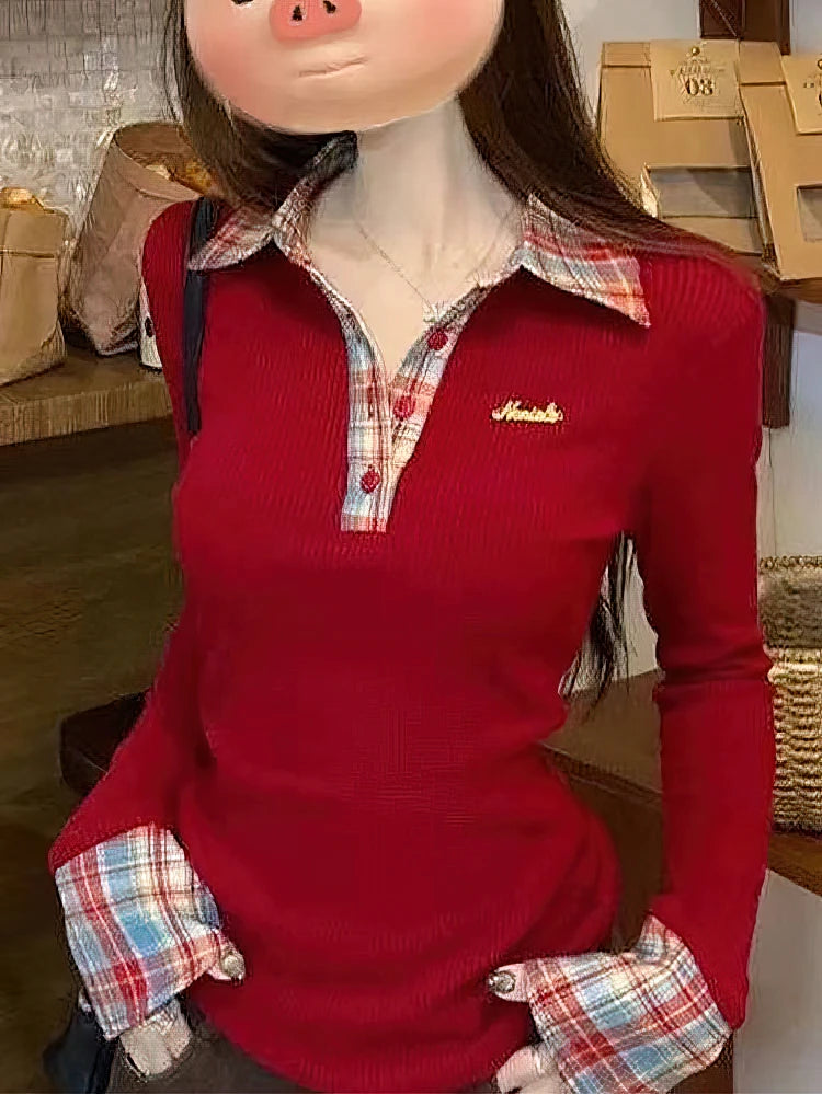 Preppy Polo Neck Plaid Long sleeve T shirt Women Fake Two-piece Basic Top V neck Button Blouses Tees Embroidery High-quality
